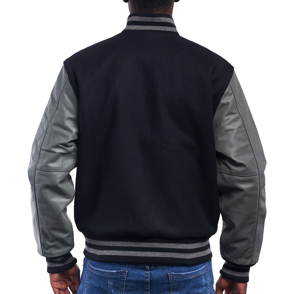 Black Grey Leather Sleeves Letterman Jacket