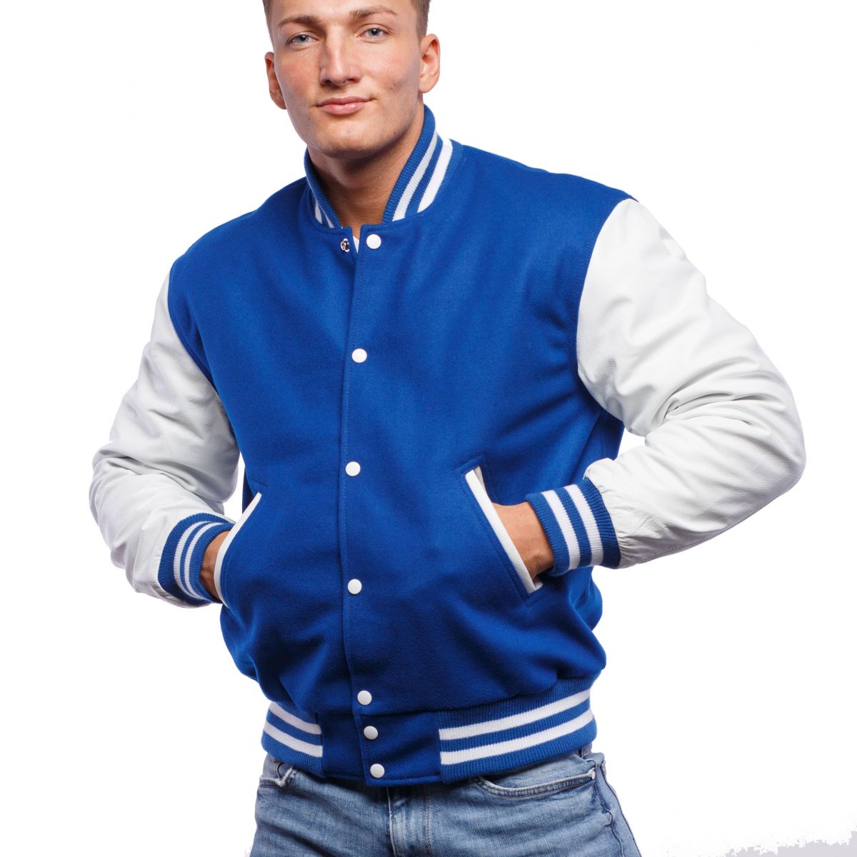 Bright Royal Wool Body & Bright White Leather Sleeves Letterman Jacket