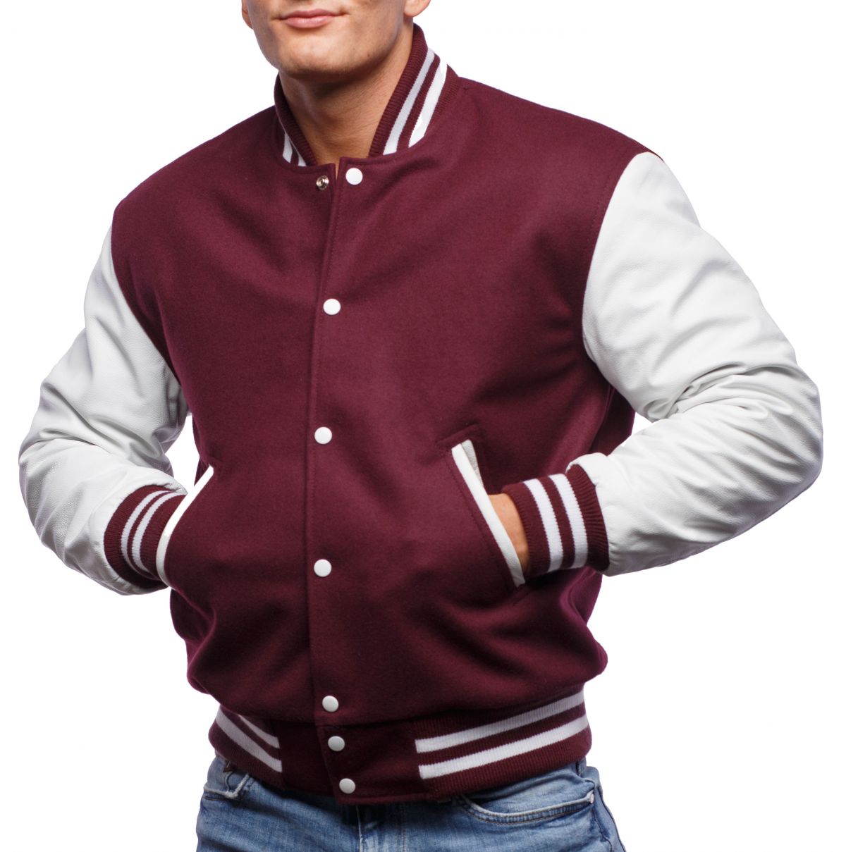 Maroon Wool Body & Bright White Leather Sleeves Letterman Jacket
