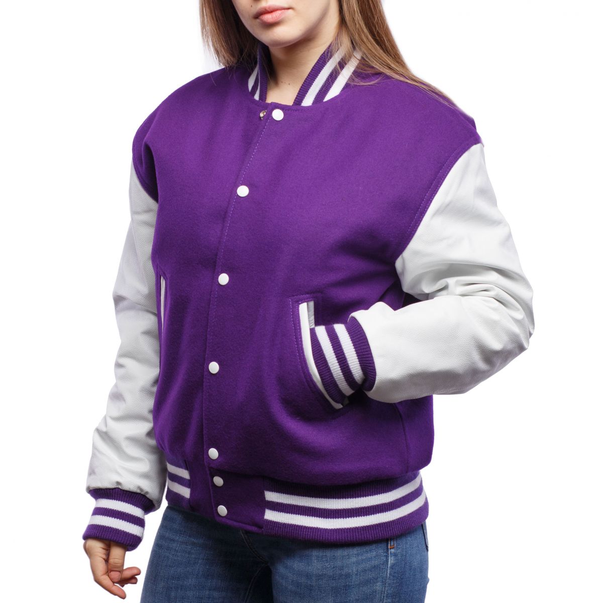 Purple Wool Body & Bright White Leather Women Jacket