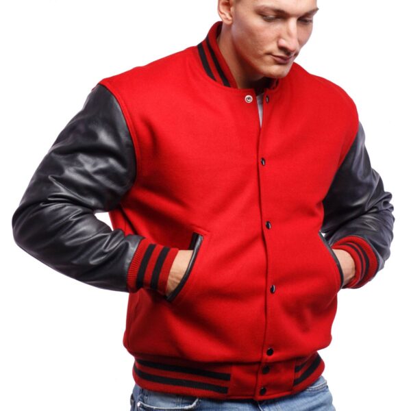 Red Wool Body Black Leather Sleeves Letterman Jacket